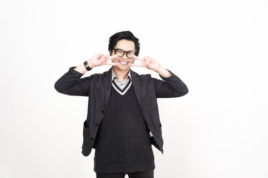 A man in glasses and a sweater is making a gesture photo