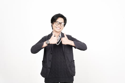 A man in glasses and a sweater is giving a thumbs up photo