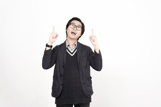 A man in glasses and a sweater is pointing his finger photo