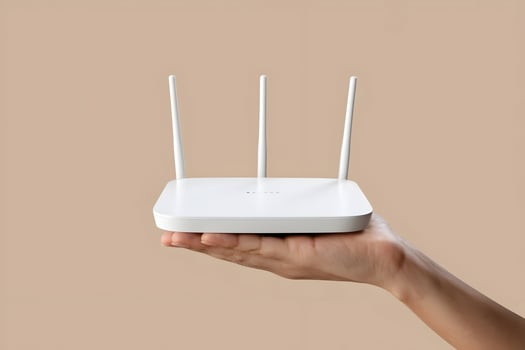 Hand holds Wi Fi router with four antennas, emphasizing connectivity and technological utility photo