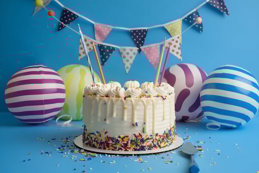 Festive cake with white icing and sprinkles, under cheerful bunting for celebrations photo