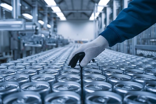 Gloved hand arranges aluminum cans in a factory setting, emphasizing quality control photo