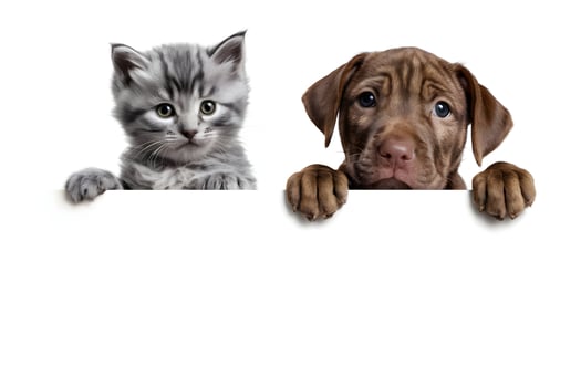 Gray striped kitten and brown puppy peek over a white banner, expressing curiosity and playfulness photo