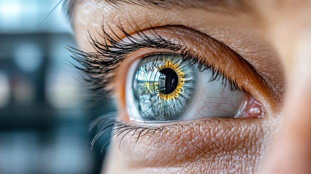 A close up of a woman's eye with a yellow iris photo