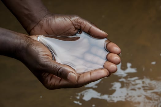 Dark skinned hands hold clear liquid against a rough, earthy background, highlighting purity photo