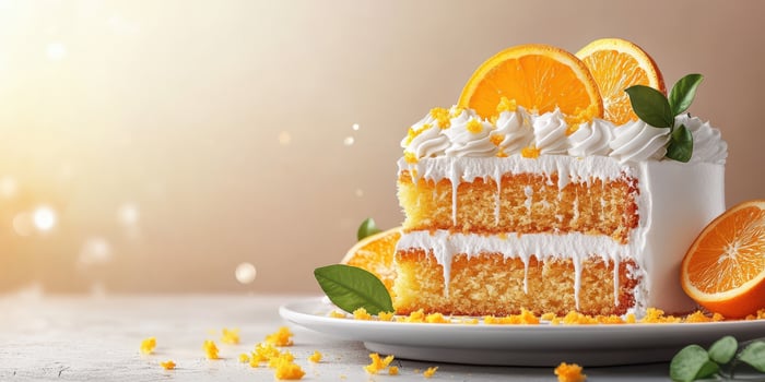 Delicious orange cake with whipped cream and fresh fruit garnishes on a simple white plate photo