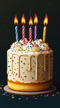Celebration cake with colorful candles burning brightly at a festive party photo