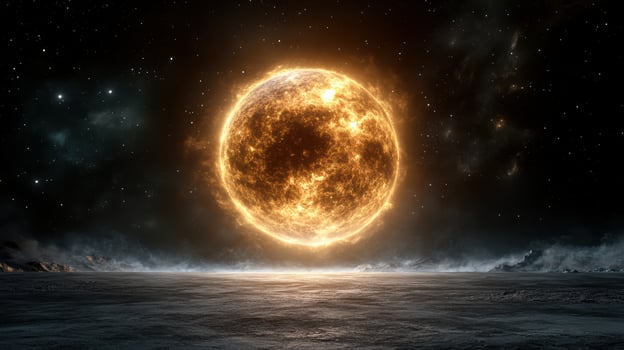 glowing sun illuminates dark, starry sky over barren landscape photo