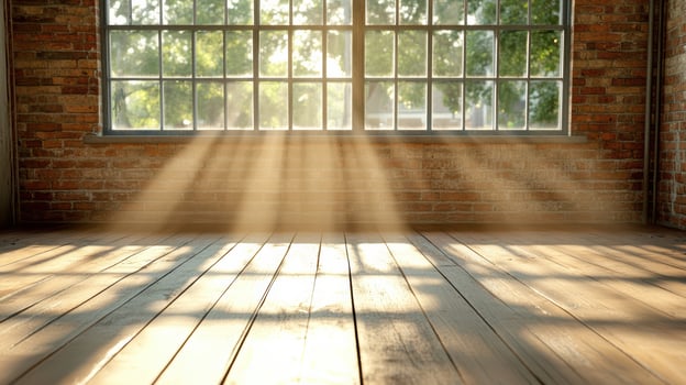 Sunlight streams through large window, illuminating rustic wooden floor photo