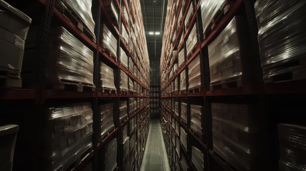 Smart Global Logistics Concept. A narrow aisle between tall storage racks filled with neatly stacked boxes, illuminated by overhead lights. photo