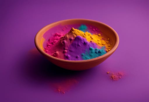 clay colorful bowl powder space holi copy purple background festival india colours vibrant smoke pigment colourful rangoli powdery indian ethnicity photo