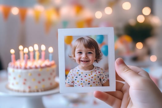Hand holding a photo of smiling baby in front of birthday cake with lit candles, celebrating their first birthday