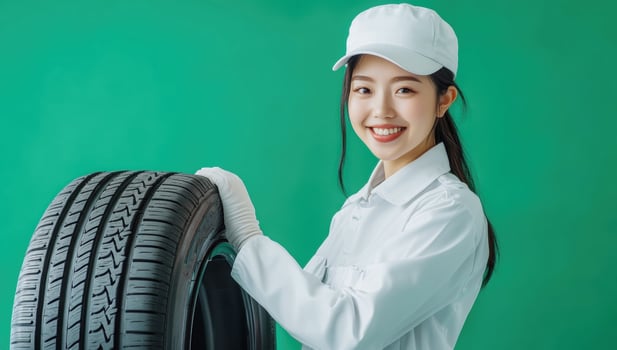 Asian mechanic in a white uniform and a cap lifts a tire on a green background. Safety and reliability in the automotive industry. Professionalism in the car repair shop. photo