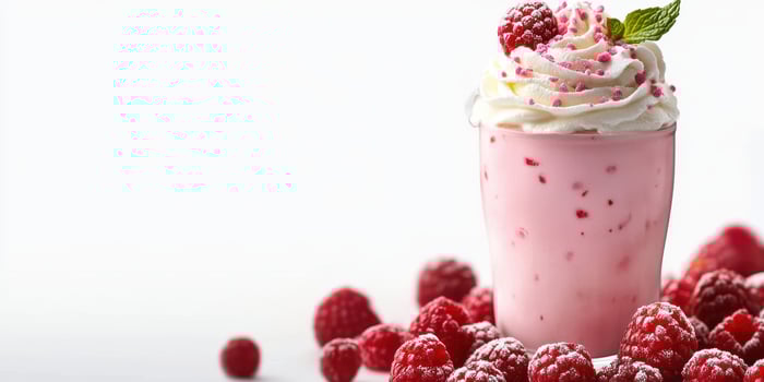 Creamy raspberry beverage topped with whipped cream and berries on a white background photo