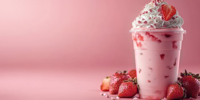 Strawberry milkshake topped with whipped cream and fresh strawberries on a pink background photo