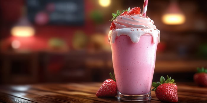 Refreshing strawberry milkshake served in a glass at a cozy cafe during an afternoon photo