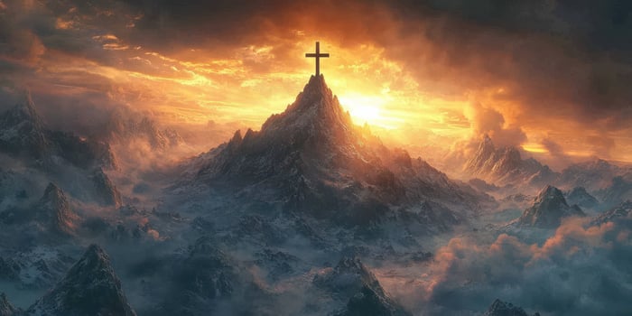 Majestic mountain with a cross at sunset illuminating the sky and surrounding peaks photo