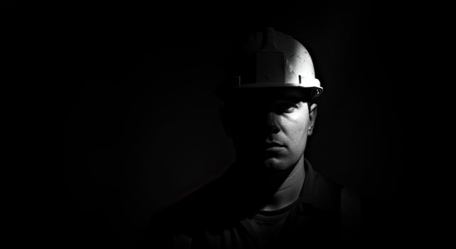 A man in a hard hat is in the dark photo