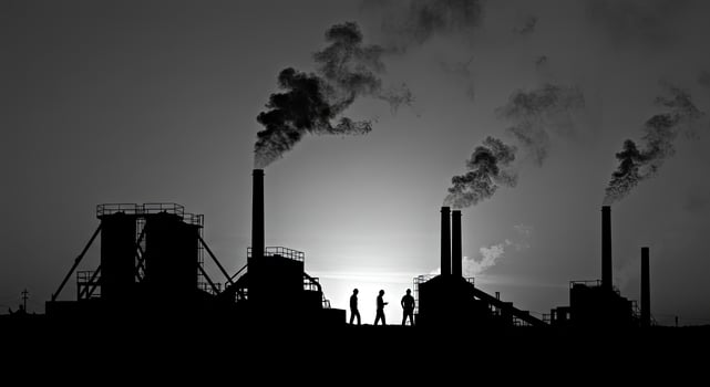 Silhouette of people standing in front of smoke stacks photo