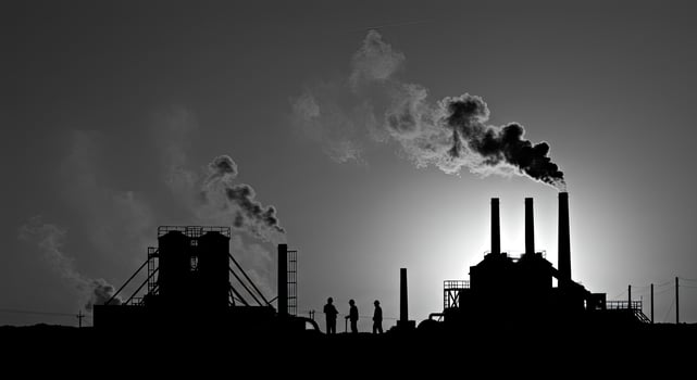 Silhouette of industrial factory with smoke stacks photo