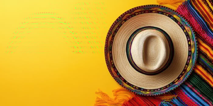 Colorful sombrero and vibrant serape draped against a bright yellow background create a festive atmosphere in a summer celebration photo