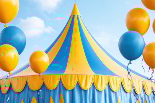 Whimsical carnival tent with vibrant blue and yellow stripes, balloons and streamers in a playful circus setting under a bright sky photo