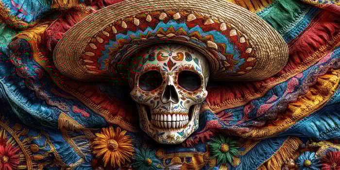 Colorfully decorated skull with sombrero displayed against vibrant textile background photo