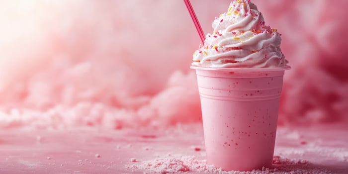 Delicious pink milkshake topped with whipped cream and sprinkles served in a cup with a straw photo