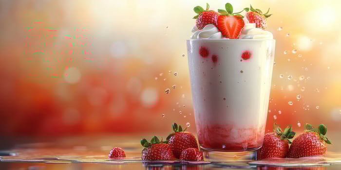 Creamy strawberry milkshake with fresh strawberries garnishing in a vibrant setting photo