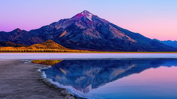 Majestic Mountain Reflection in a Serene Lake at Sunset Stunning Landscape photo