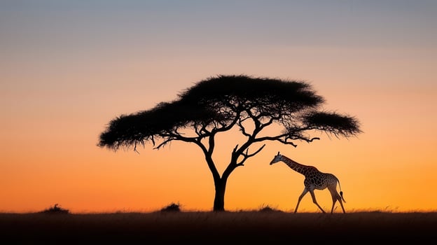 Giraffe Silhouette at Sunset in African Savanna Landscape with Acacia Tree photo