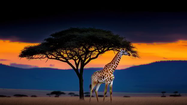 African Giraffe Silhouette at Sunset Underneath an Acacia Tree in the Savannah Grasslands photo