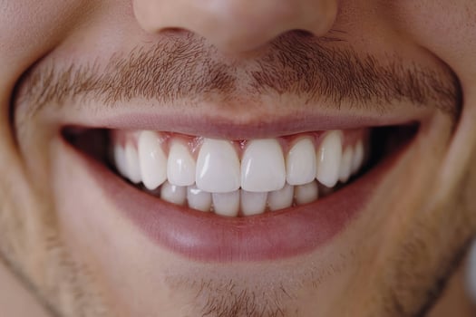 patient confident smile showcasing artificial teeth implants in dental office photo