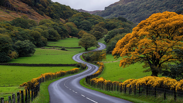 Scenic winding road through lush green valley autumn foliage vibrant tree along fence photo