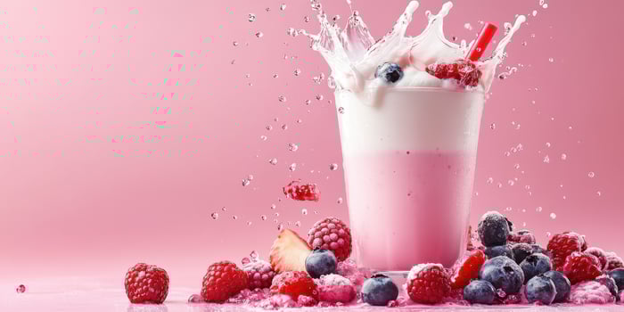 Refreshing berry smoothie with splashes and vibrant colors in a pink background photo