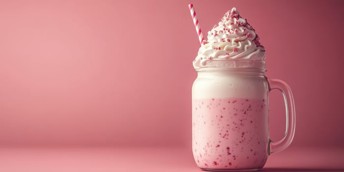 Creamy pink milkshake topped with whipped cream and a cherry in a clear jar on a soft pink background photo