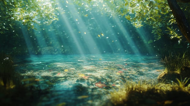 Sunlight streams through leaves onto a serene pond, creating a magical and inviting scene. The crystal-clear water reveals the pond's bottom. photo