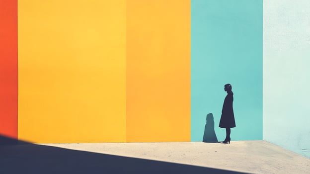 Solitary figure stands near a wall of orange, yellow and blue, in sunlight casting shadows and contrasting bold color and minimalist design. photo