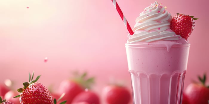 Refreshing strawberry milkshake in a vintage glass with whipped cream and a straw on a soft pink background photo