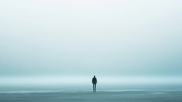 Solitary figure on the horizon, lost in the vast expanse of fog, evokes a sense of solitude, mystery, and introspection. photo