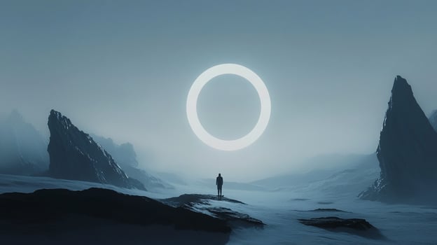 A lone figure stands silhouetted against a misty, surreal landscape dominated by a luminous circle, creating an otherworldly atmosphere. photo