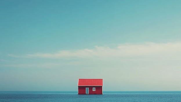Isolated red house standing alone in the middle of the ocean under a clear sky. Serene and surreal ocean home concept. photo