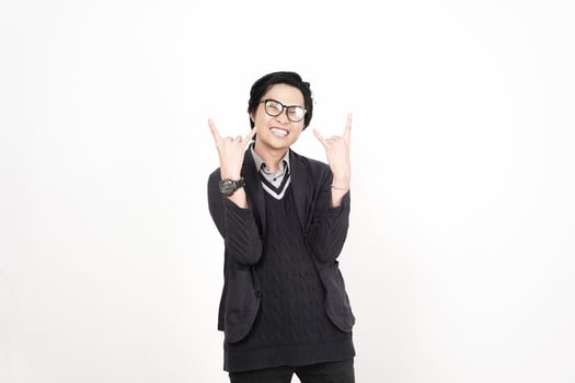 A man in glasses and a sweater is making a peace sign photo