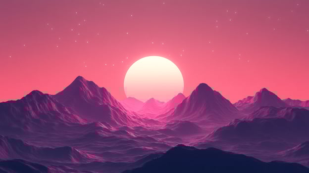 Pink-hued mountain range under a radiant sun, with subtle stars above, creates a serene, otherworldly landscape. The mountains loom large. photo