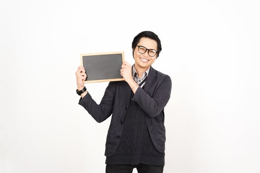 Asian man holding a blackboard and smiling photo