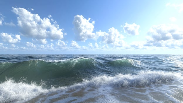 Serene ocean waves crash on the shore under a clear blue sky with fluffy white clouds, creating a peaceful coastal landscape. photo