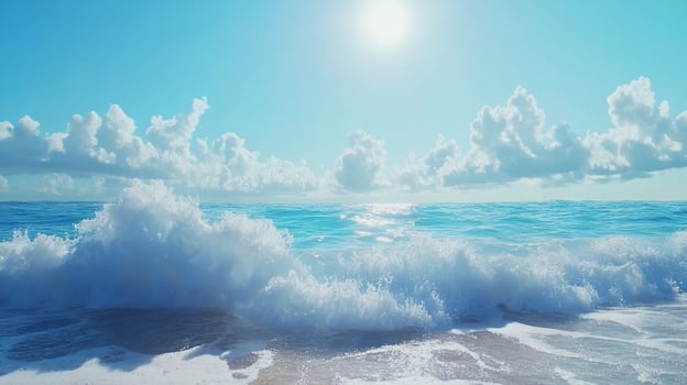 Ocean waves crash against the shore under a bright sky, showcasing nature's beauty and power with a refreshing and calming presence. photo