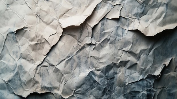 Wrinkled paper, showing a textured and distressed surface with multiple folds, creases, and a blend of light and dark tonal variations. photo