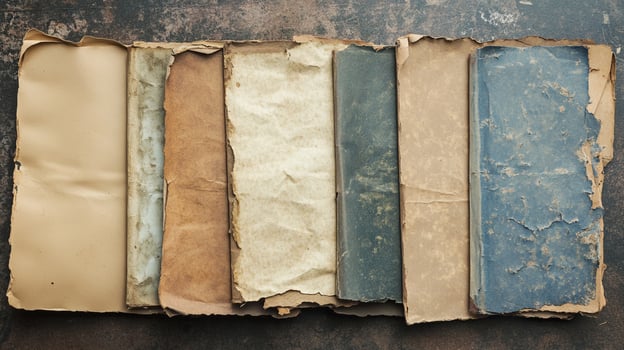 A collection of old, weathered books with varied colored covers and aged pages, exhibiting texture and history, perfect for vintage aesthetic. photo