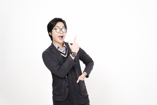 Young man in glasses pointing finger up photo